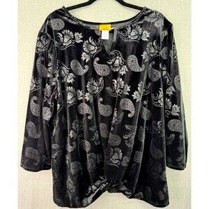 Ruby Rd. 3/4 Sleeve Paisley Print Velvet Twisted Hem Top Women's Size XL Black